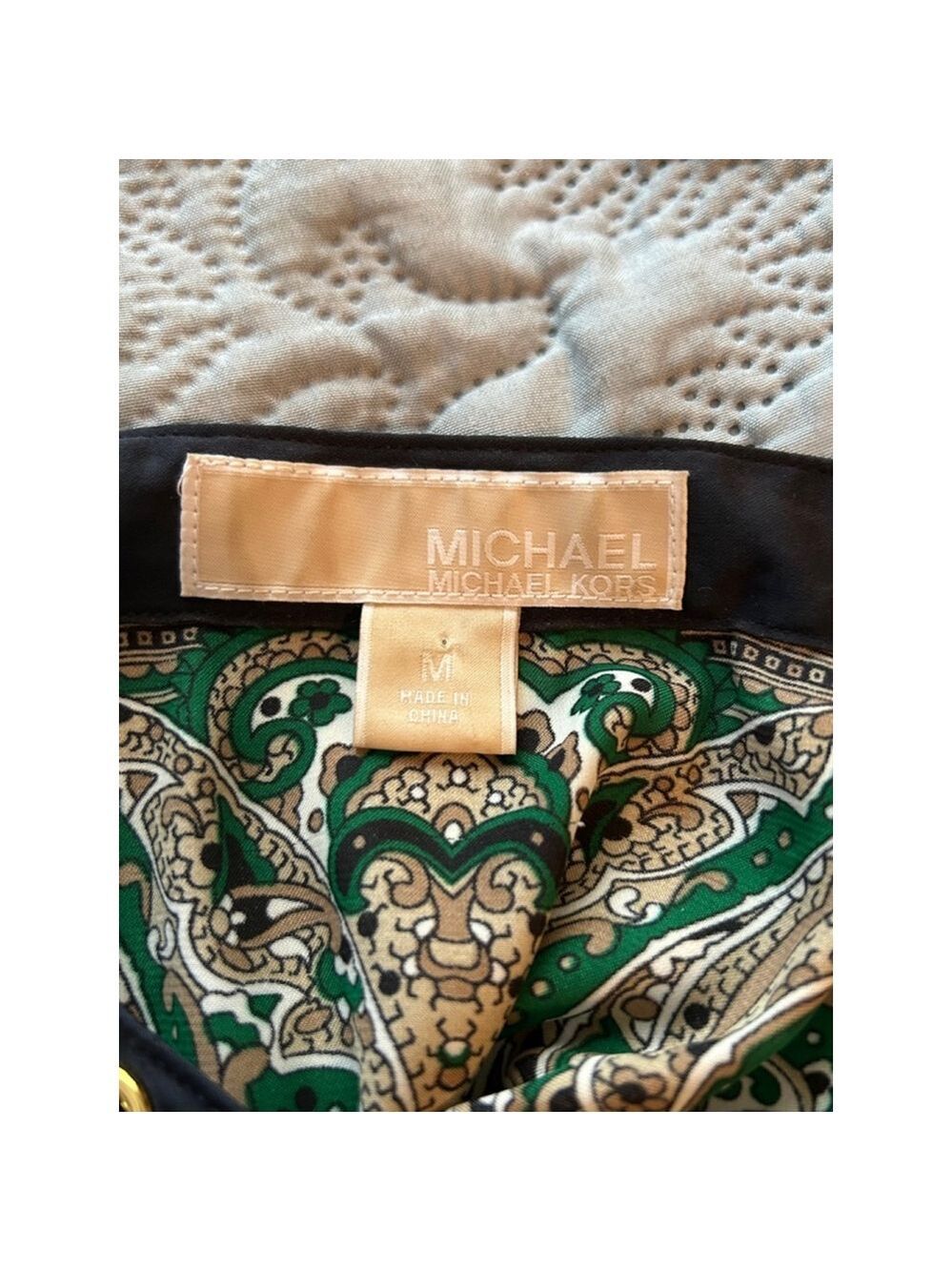 Michael Kors Paisley Shirt Dress Medium Green Navy Gold Chain Midi - Picture 8 of 11